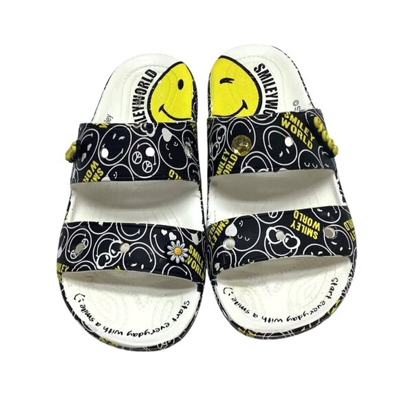 Smileyworld X Crocs Slide Sandals Black/Yellow Graphic Womens Size 8 Lightweight - Picture 3 of 7
